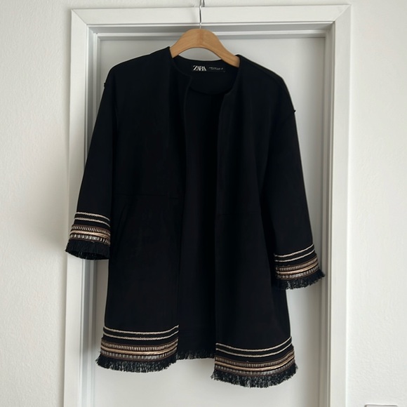 ZARA Combination Faux Suede Embroidered Fringe Hem Jacket Black - Picture 1 of 4